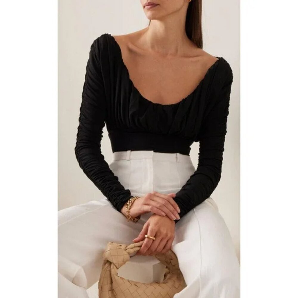 New Tove Tess Draped Ruched Stretch-Jersey Black Bodysuit Size 8 US NWT